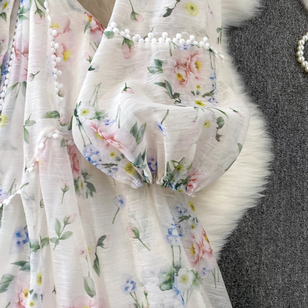 Print Button Long Sleeve Mini Dress