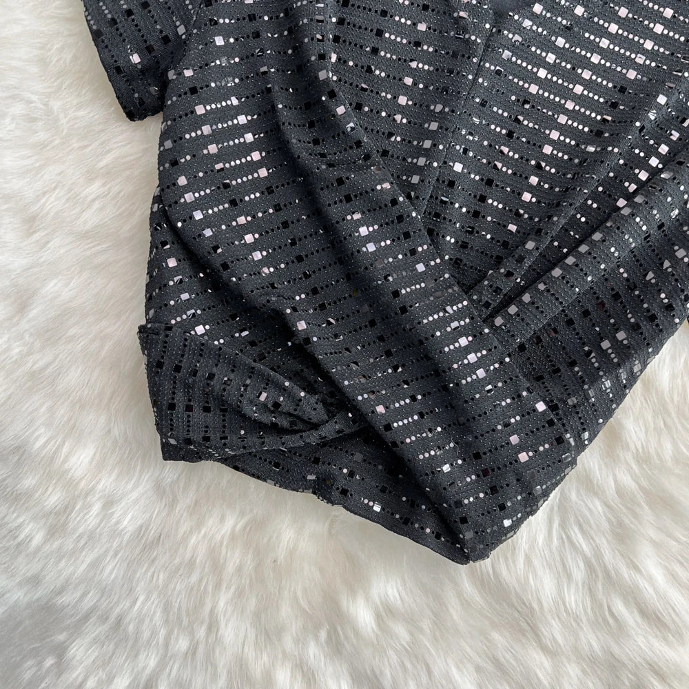Glitter Sequin Pleated V-Neck Crop Top