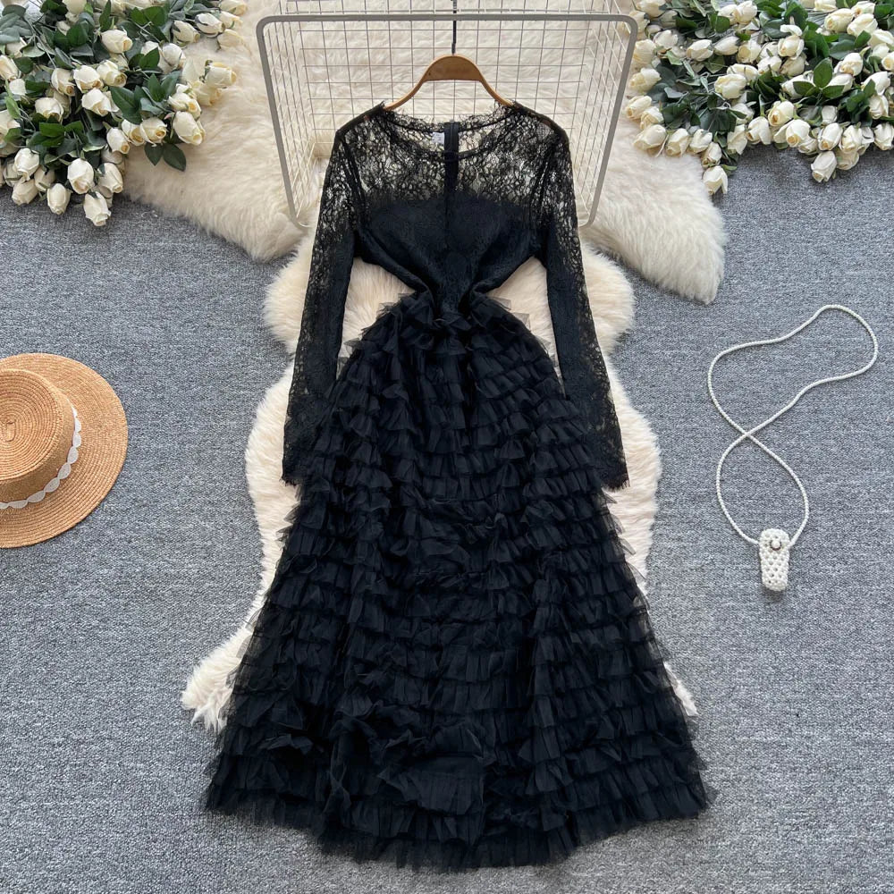 Mesh Lace Spliced Long Sleeve Dress