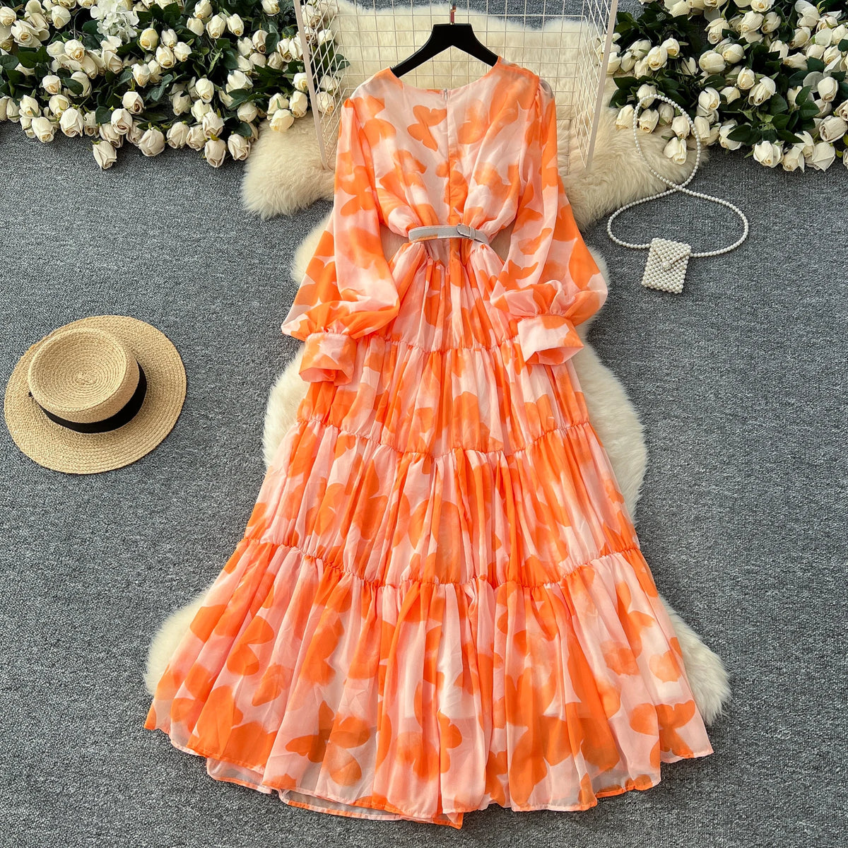 Print Lantern Sleeve Slim Party Dress