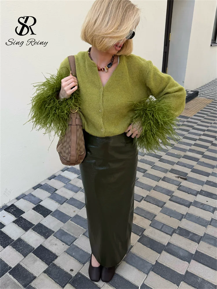 Green Feather Trim Knit Cardigan