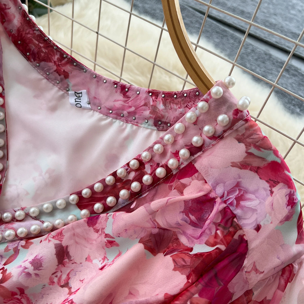 Rhinestone Chain Print Lantern Sleeve Long Dress