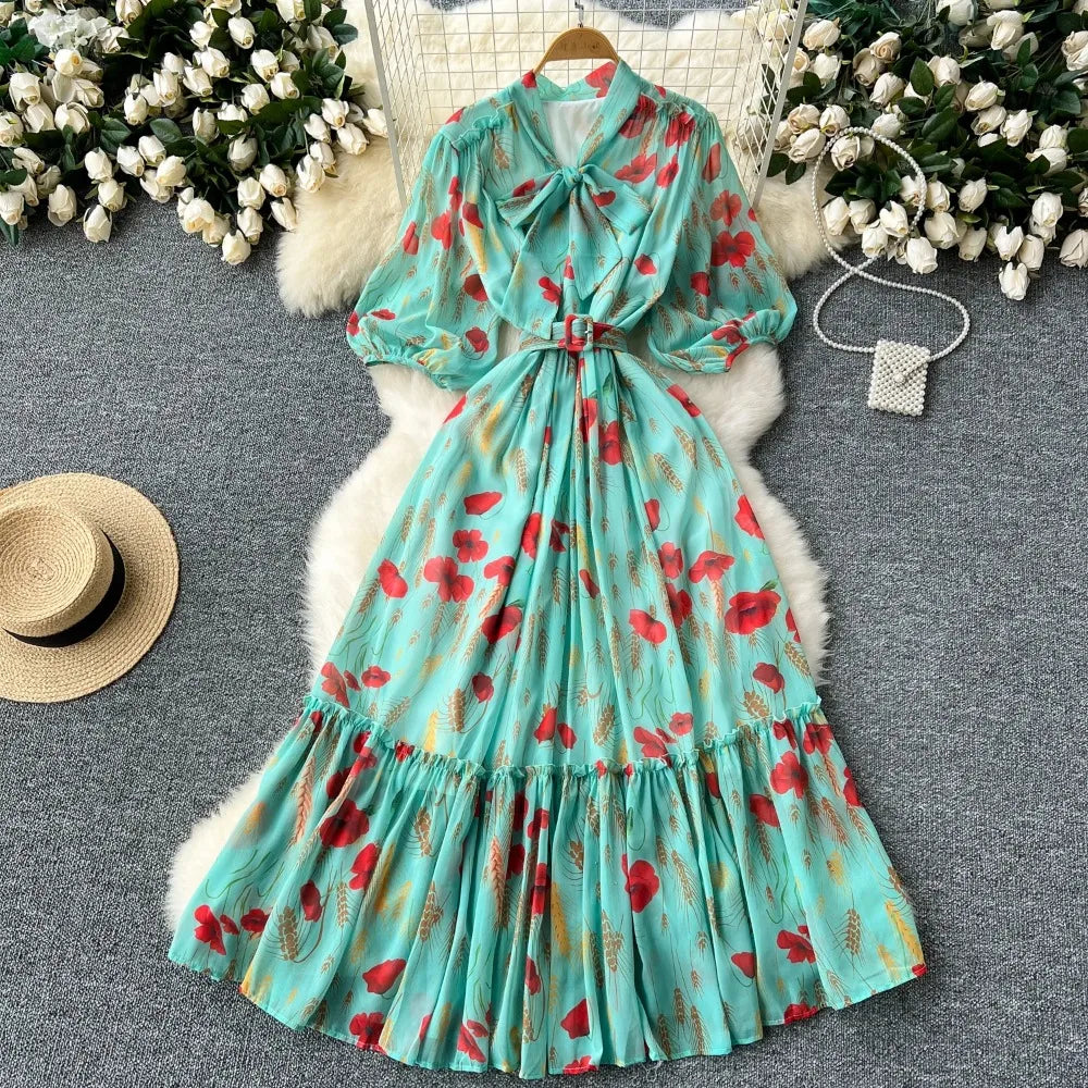 Vintage Print Bow Puff Sleeve Ruffle Dress