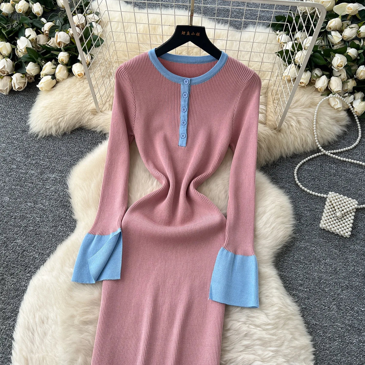 Button Front Knit Bodycon Maxi Dress