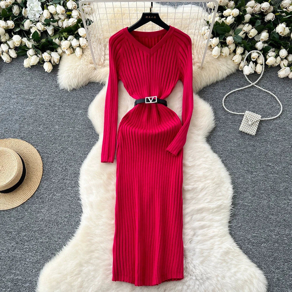 Ribbed Belted Knit Wrap Maxi Dress