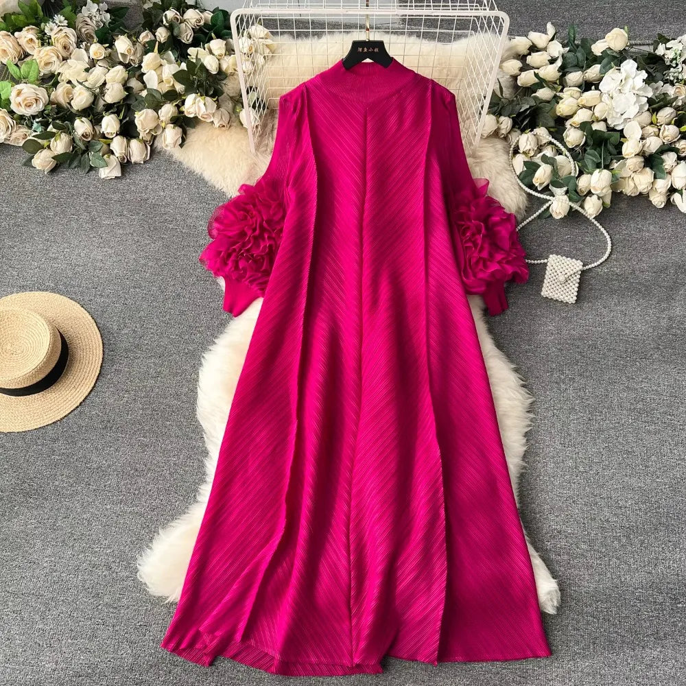 Pleated 3D Flower Loose Long Dress