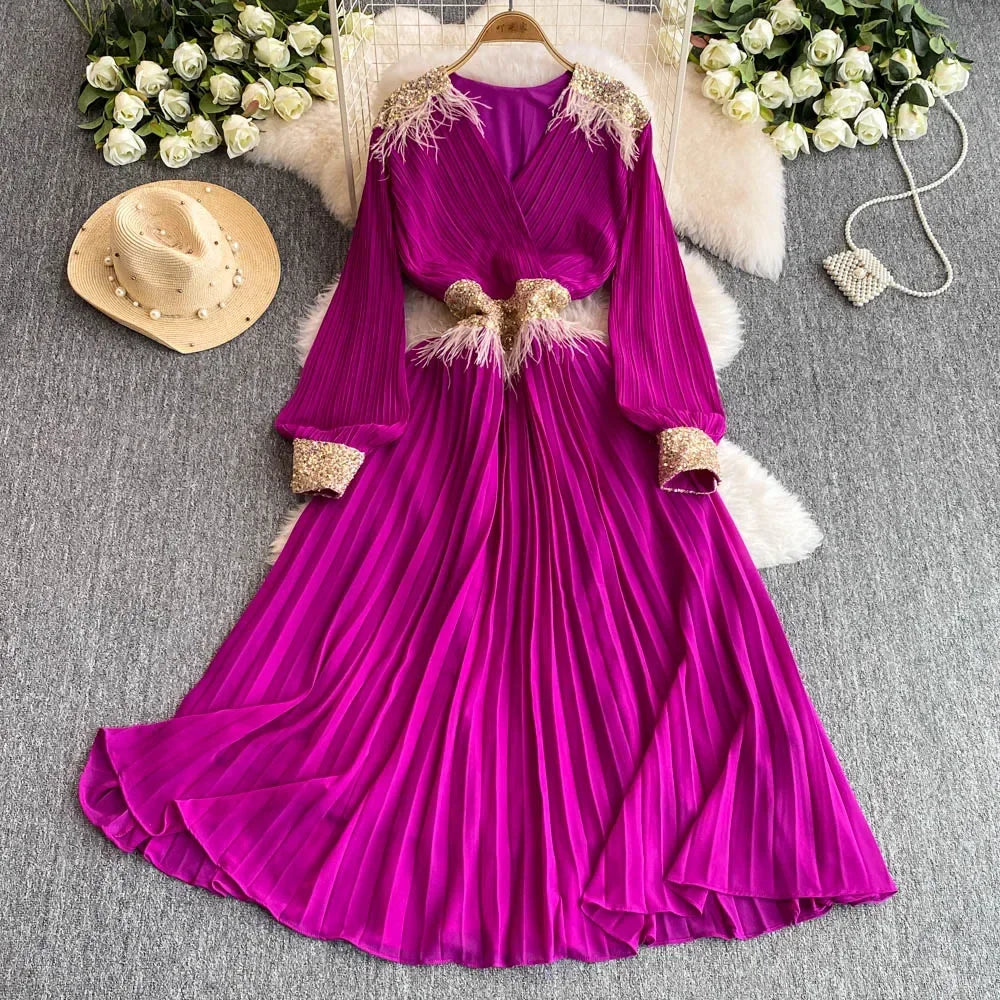 Pleated Embroidered Sequin V-Neck Dress