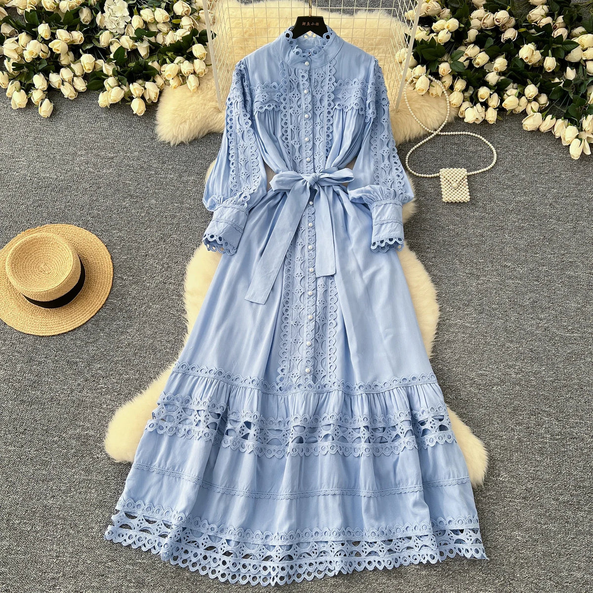 Lace Cutout Lantern Sleeve Bandage Dress