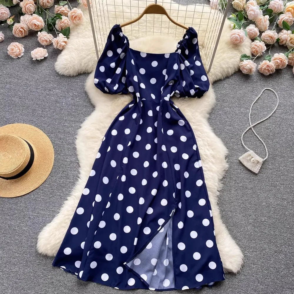 Vintage Polka Dot Puff Sleeve Maxi Dress