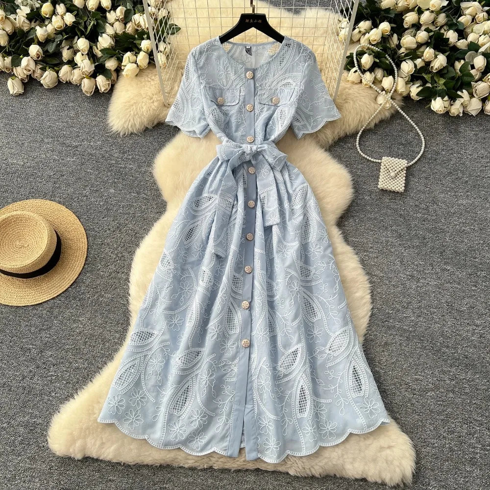Single Breasted Lace-Up O-Neck Dress