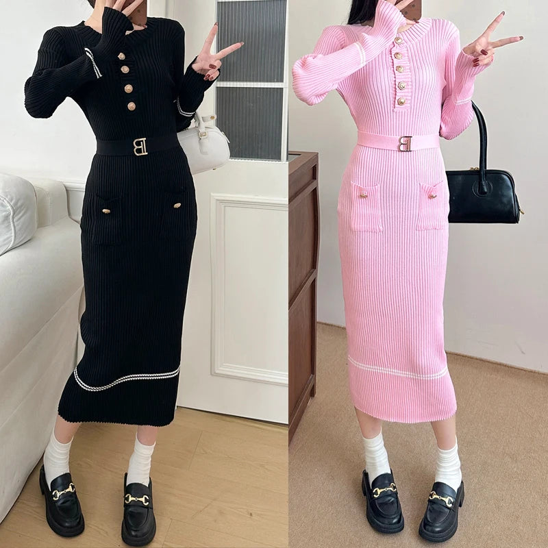 Belted Button Knit Bodycon Sweater Dress