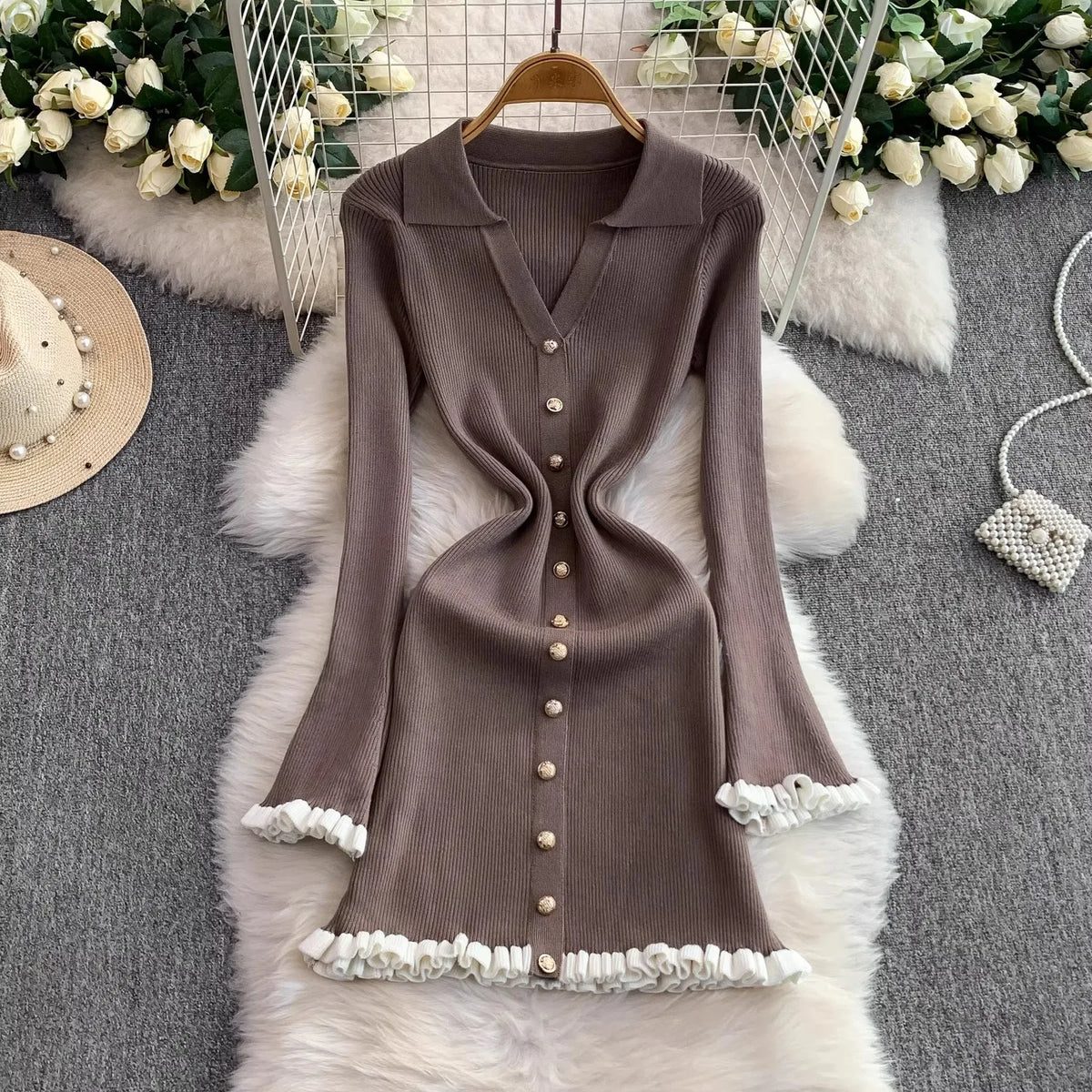 Collared Ruffled Knit Wrap Mini Dress