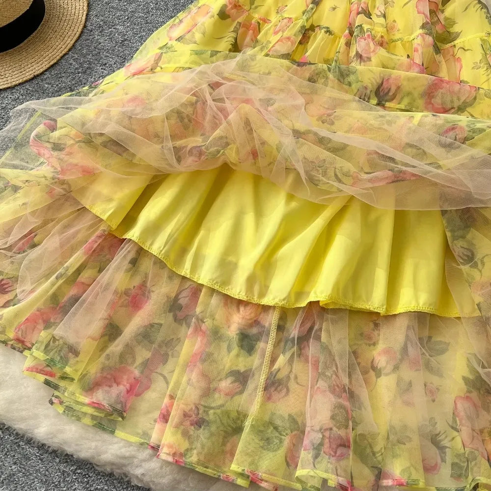 Print Chiffon Puff Sleeve Slash Neck Dress