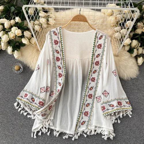 Embroidered Tassel Sheer Beach Cover-Up Dress