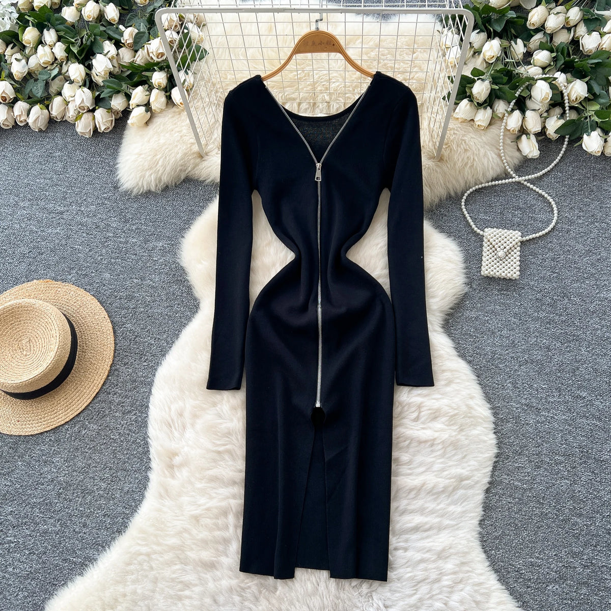 Solid Zip Front Long Sleeve Pencil Dress