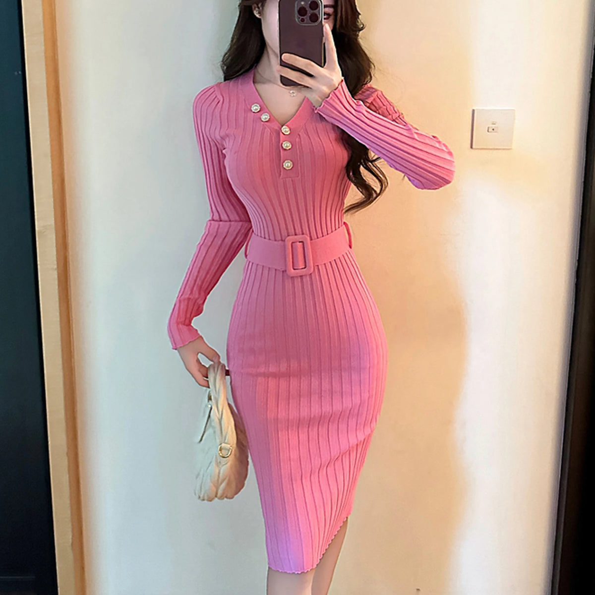 Belted Pearl V-Neck Rib Knit Bodycon Dress