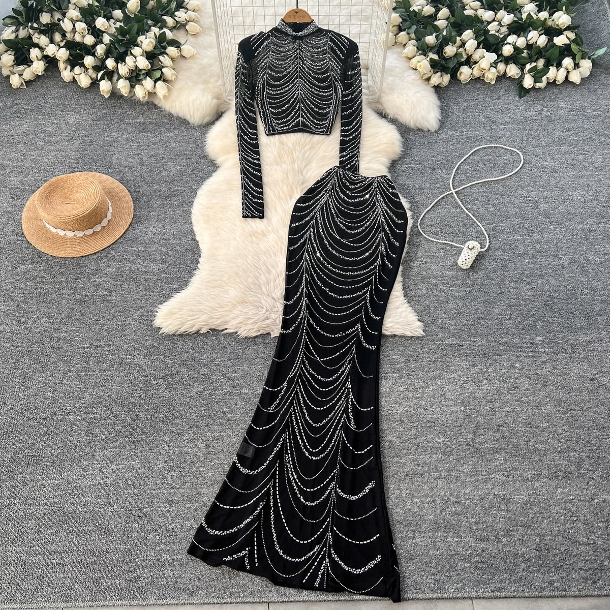 Rhinestone Mesh Crop Top and Skirt Set