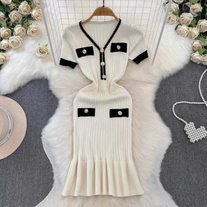 Buckle V-Neck Knit Mermaid Dress