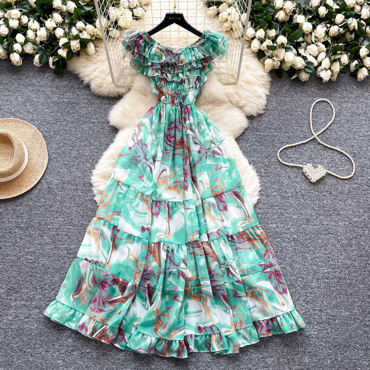 Boho Chiffon Print Off-Shoulder Maxi Dress