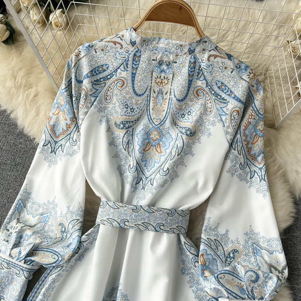 Belted Lantern Sleeve Maxi Shirt Dress