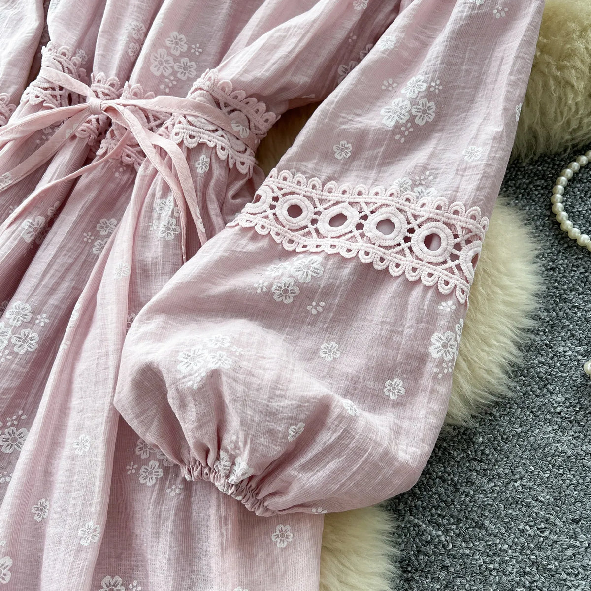 Jacquard Ruffle Puff Sleeve Swing Dress