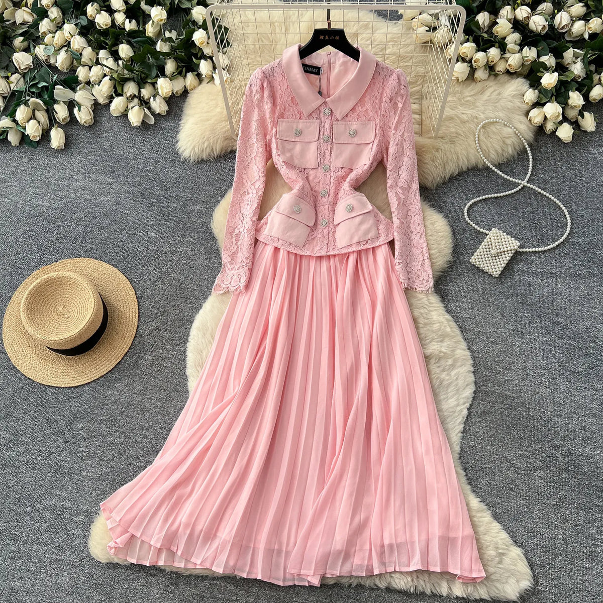 Lace Panel Collared Lantern Sleeve Maxi Dress