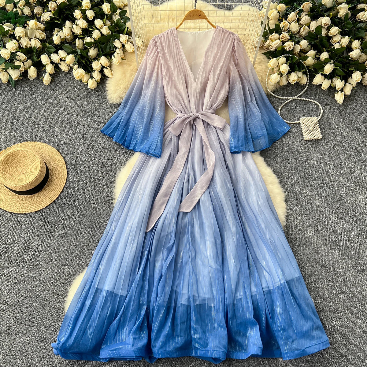 Gradient Flare Sleeve A-Line Maxi Dress