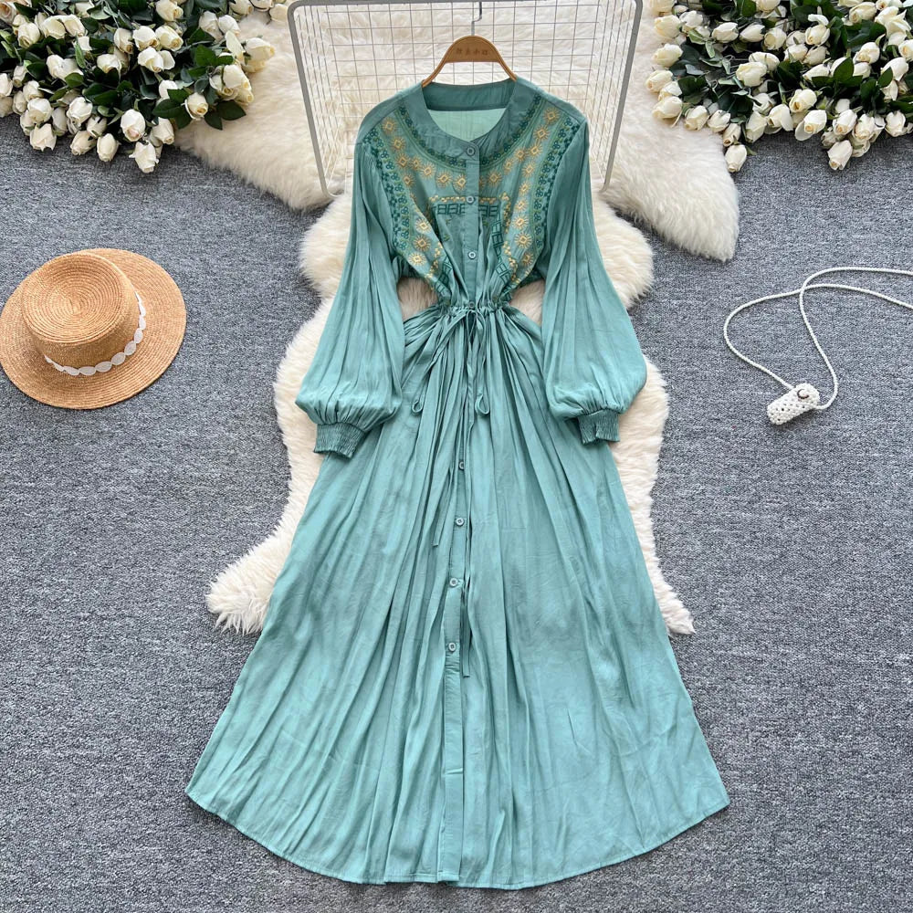 Embroidered Print Lace-Up Maxi Dress
