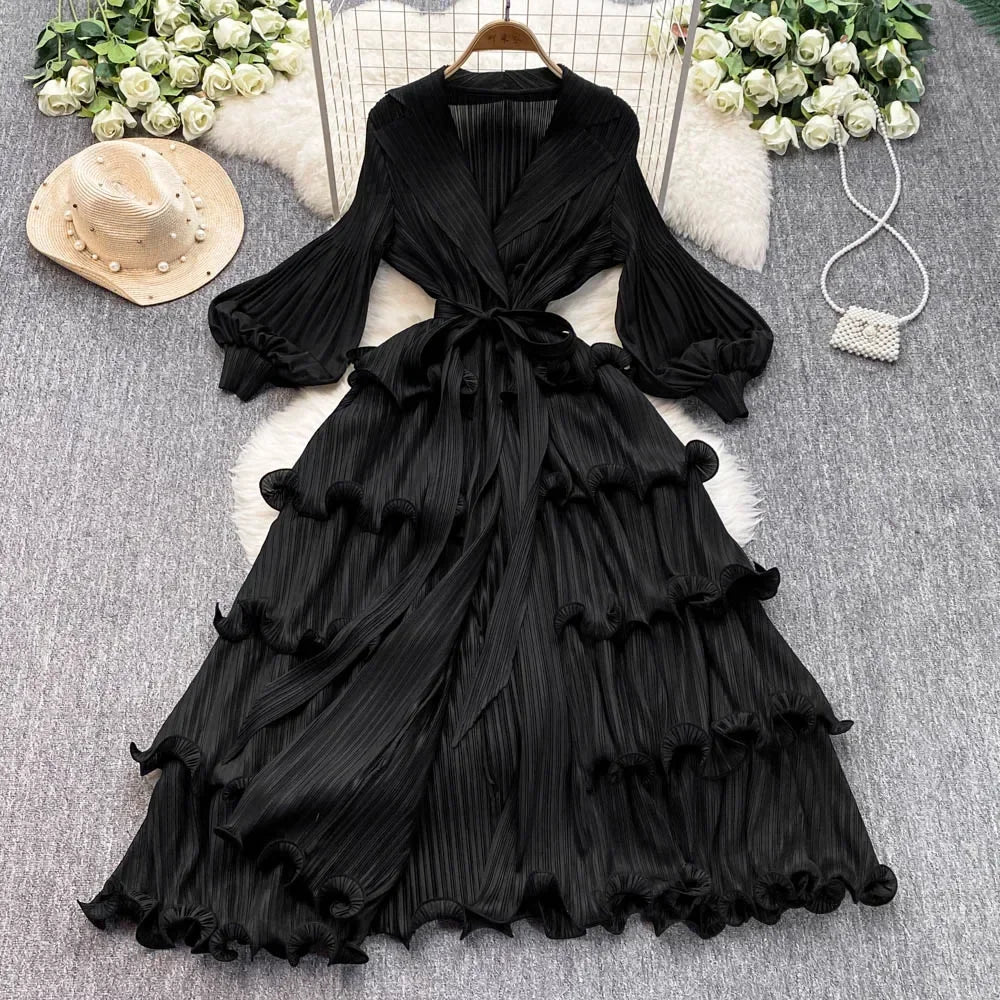 Notched Neck Ruffle Tiered A-Line Dress