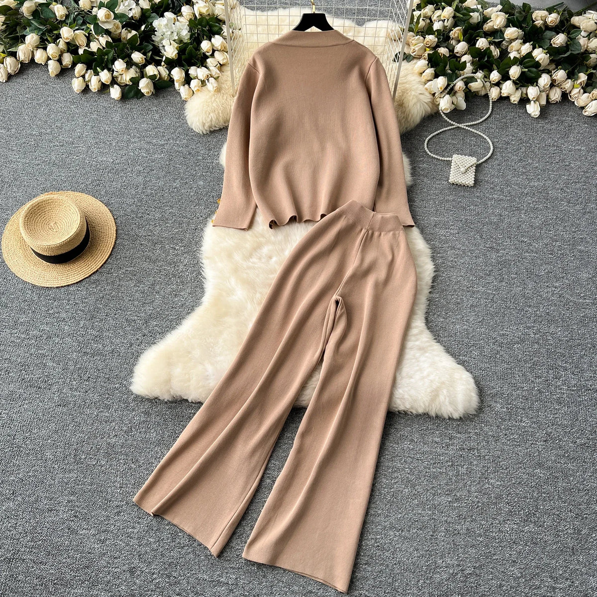 Sequin Button Knit Crop Top and Pants Set