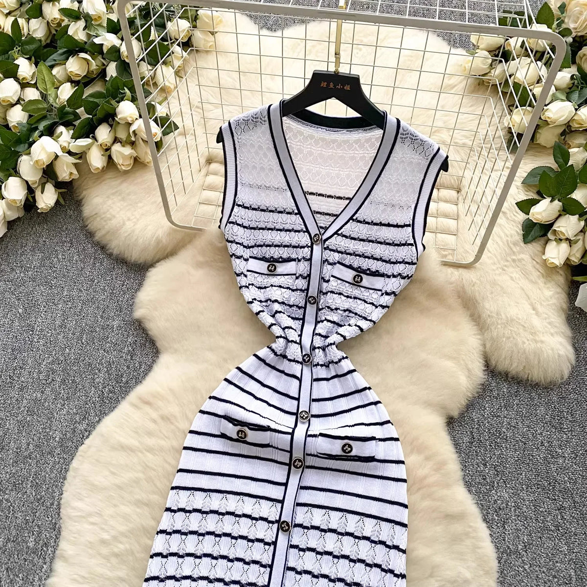 Black And White Striped Knit Maxi Dress