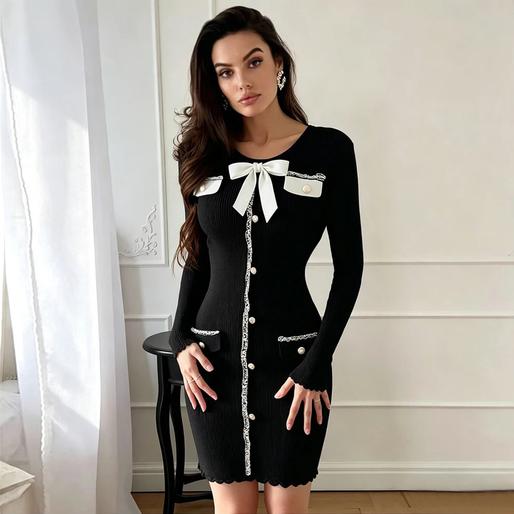 Bow Detail Knit Bodycon Mini Dress