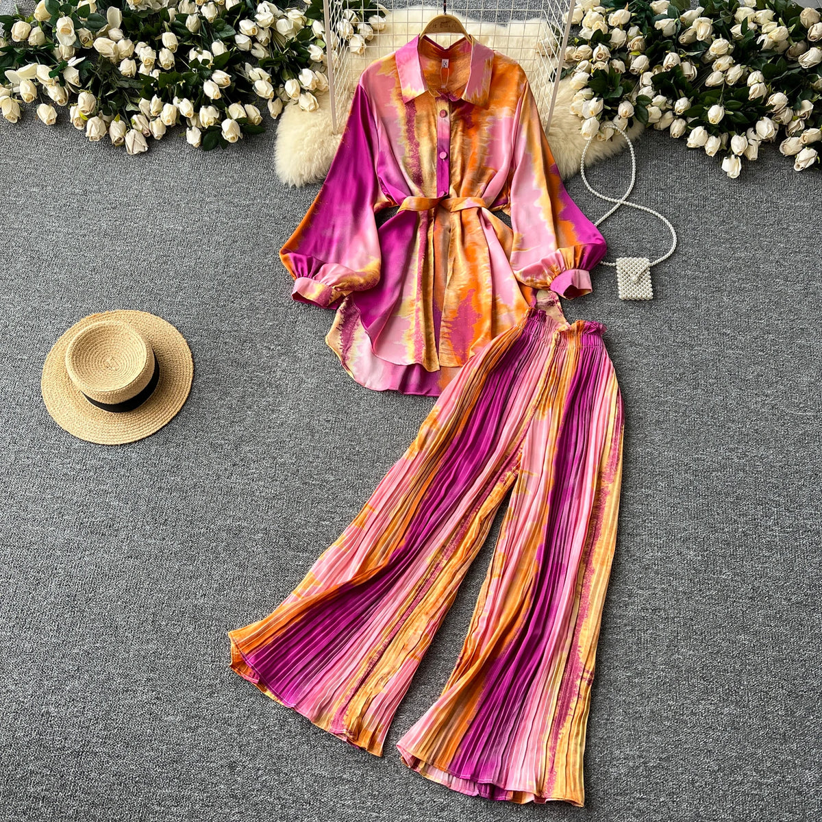 Print Pleated Top and Wide Leg Pants Set
