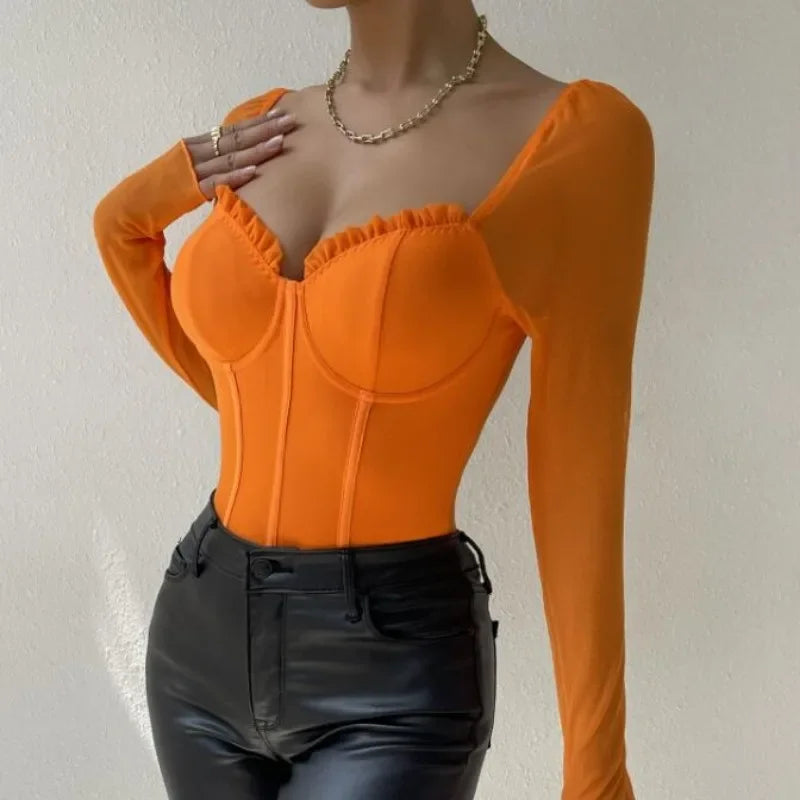 Mesh V-Neck Long Sleeve Bodysuit