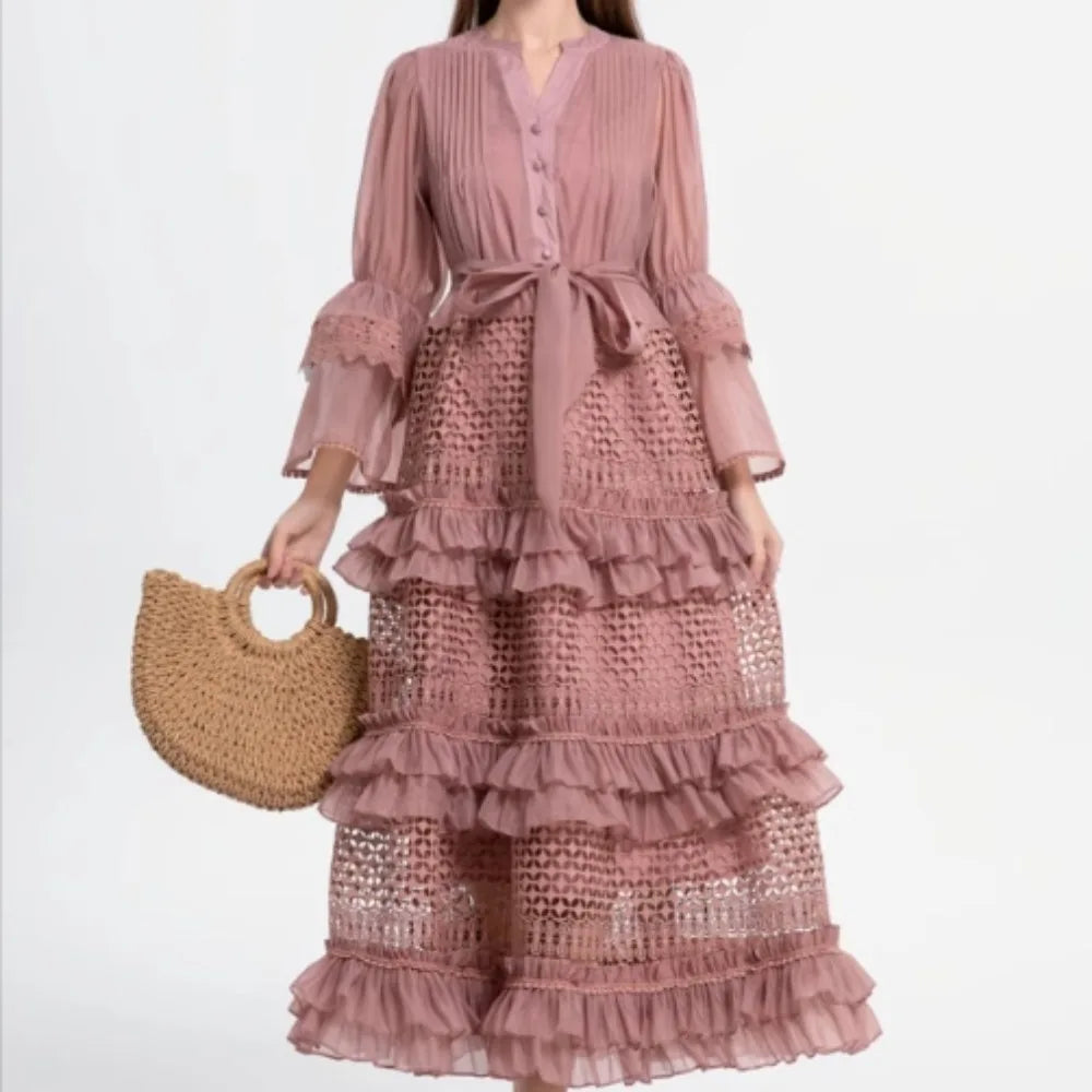 Lace V-Neck Flare Sleeve Tiered Maxi Dress