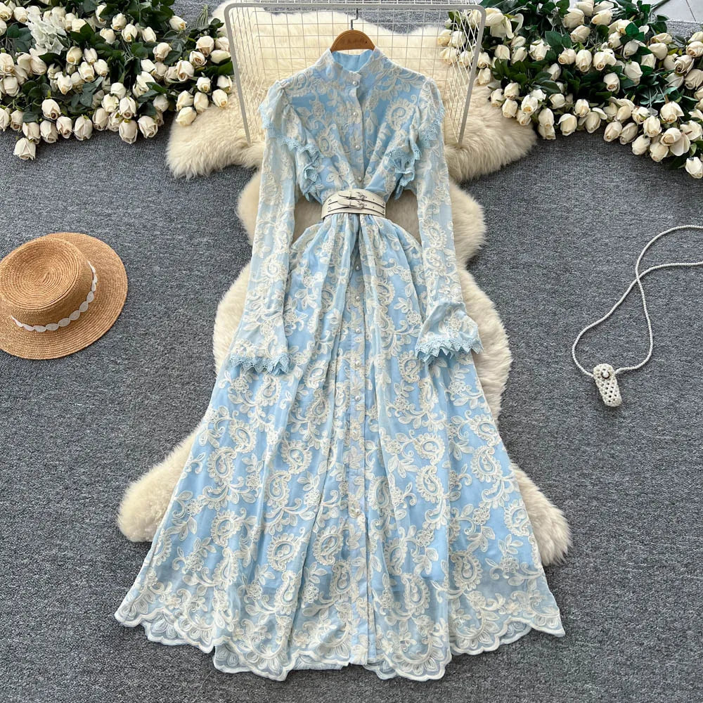 Ruffle Trim Button A-Line Dress