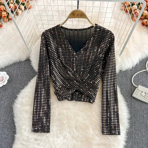 Glitter Sequin Long Sleeve Crop Top