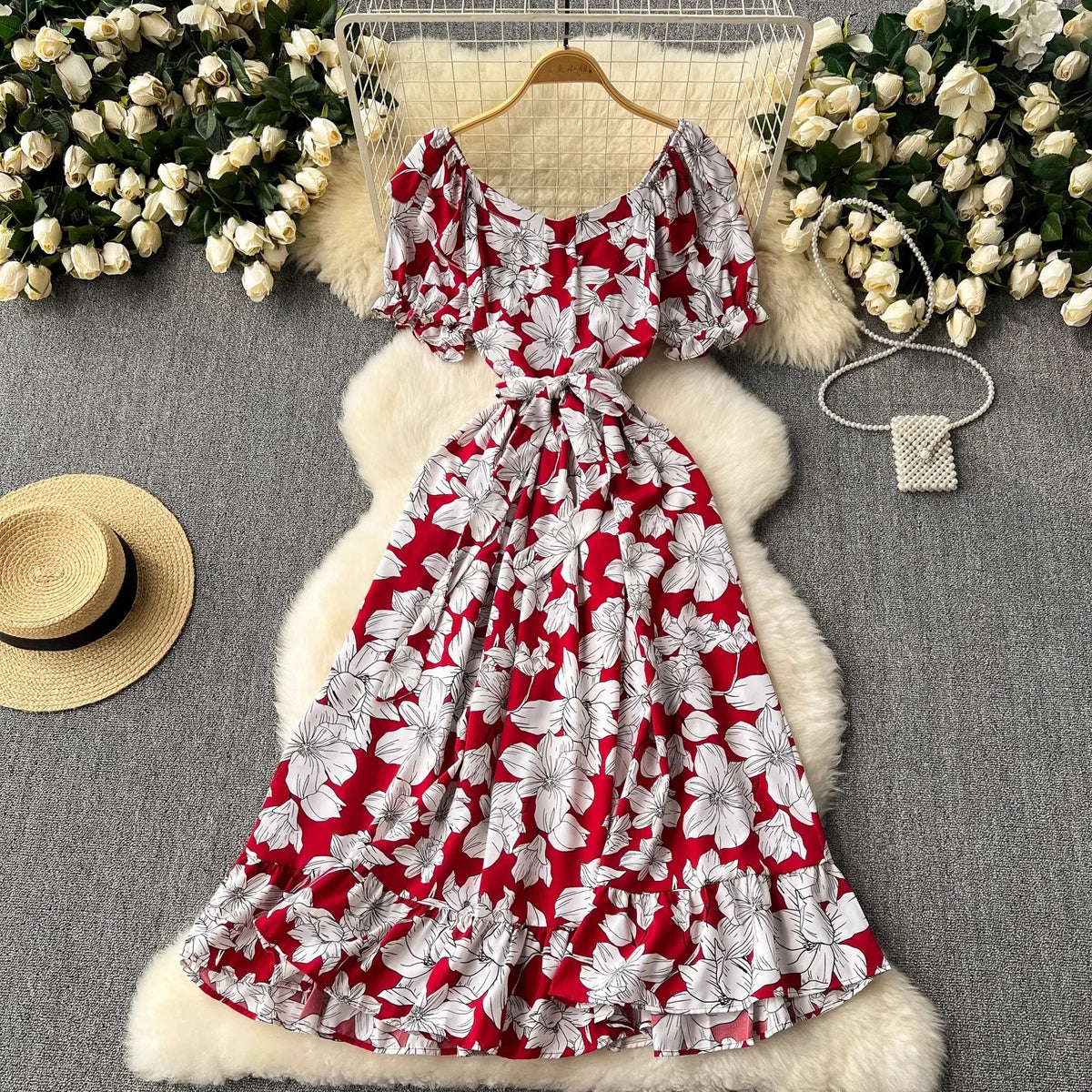 Green Vintage Floral Puff Sleeve Maxi Dress