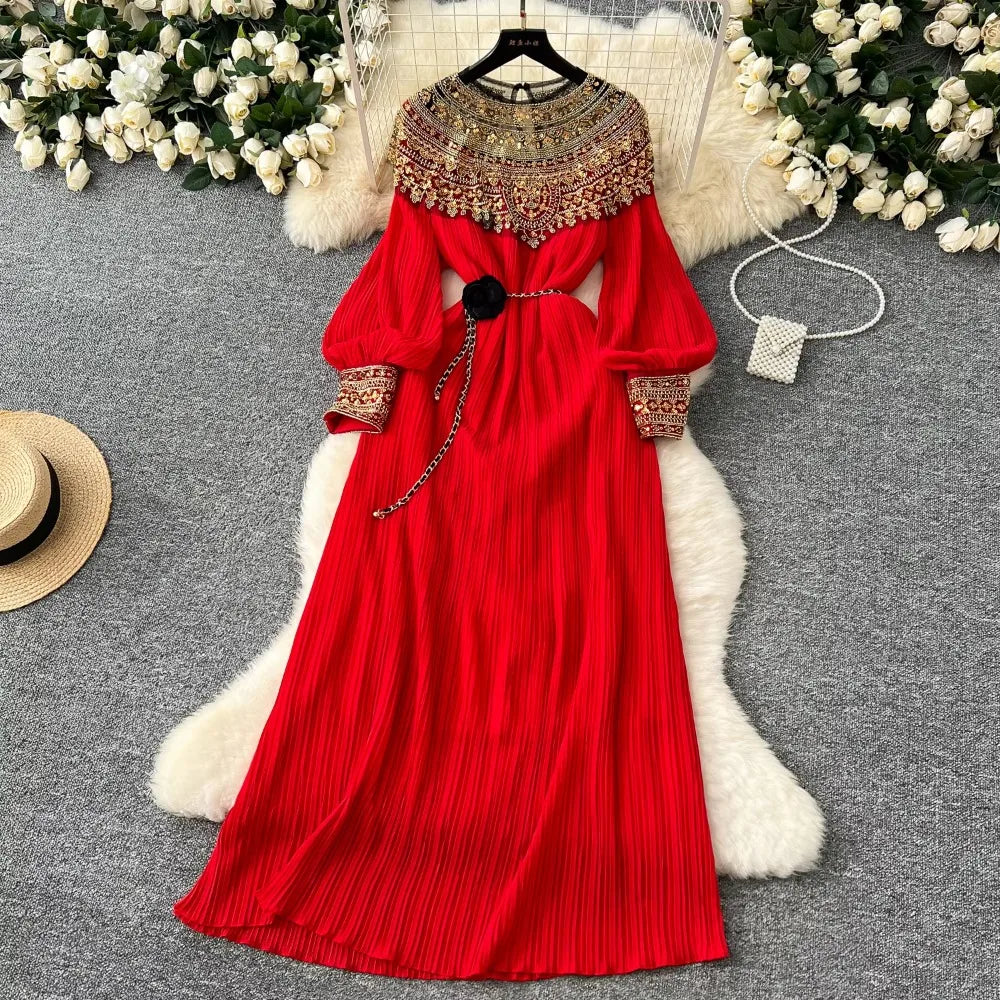 Floral Embroidered Beaded Pleated Dress