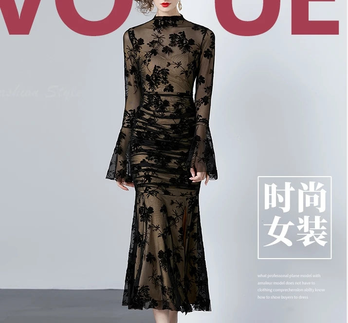 Mesh Print Flare Sleeve Mermaid Dress