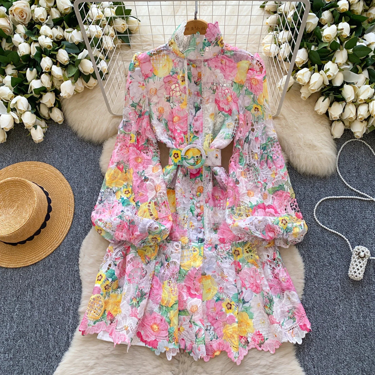 Crochet Lace Lantern Sleeve Mini Dress