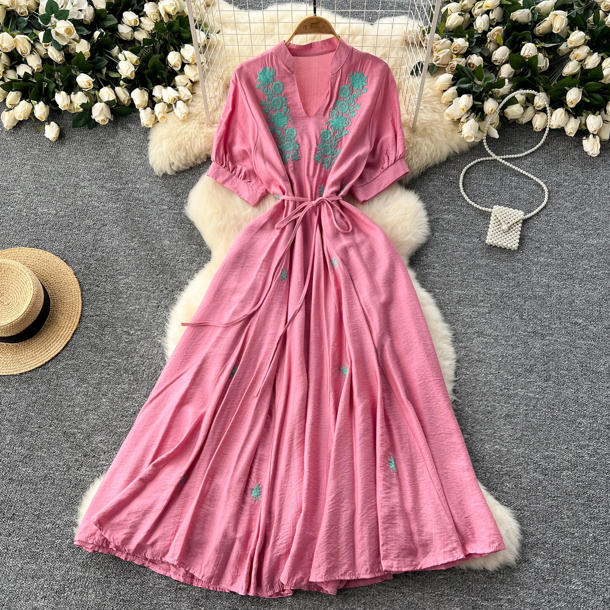 Embroidered V-Neck Puff Sleeve Beach Dress