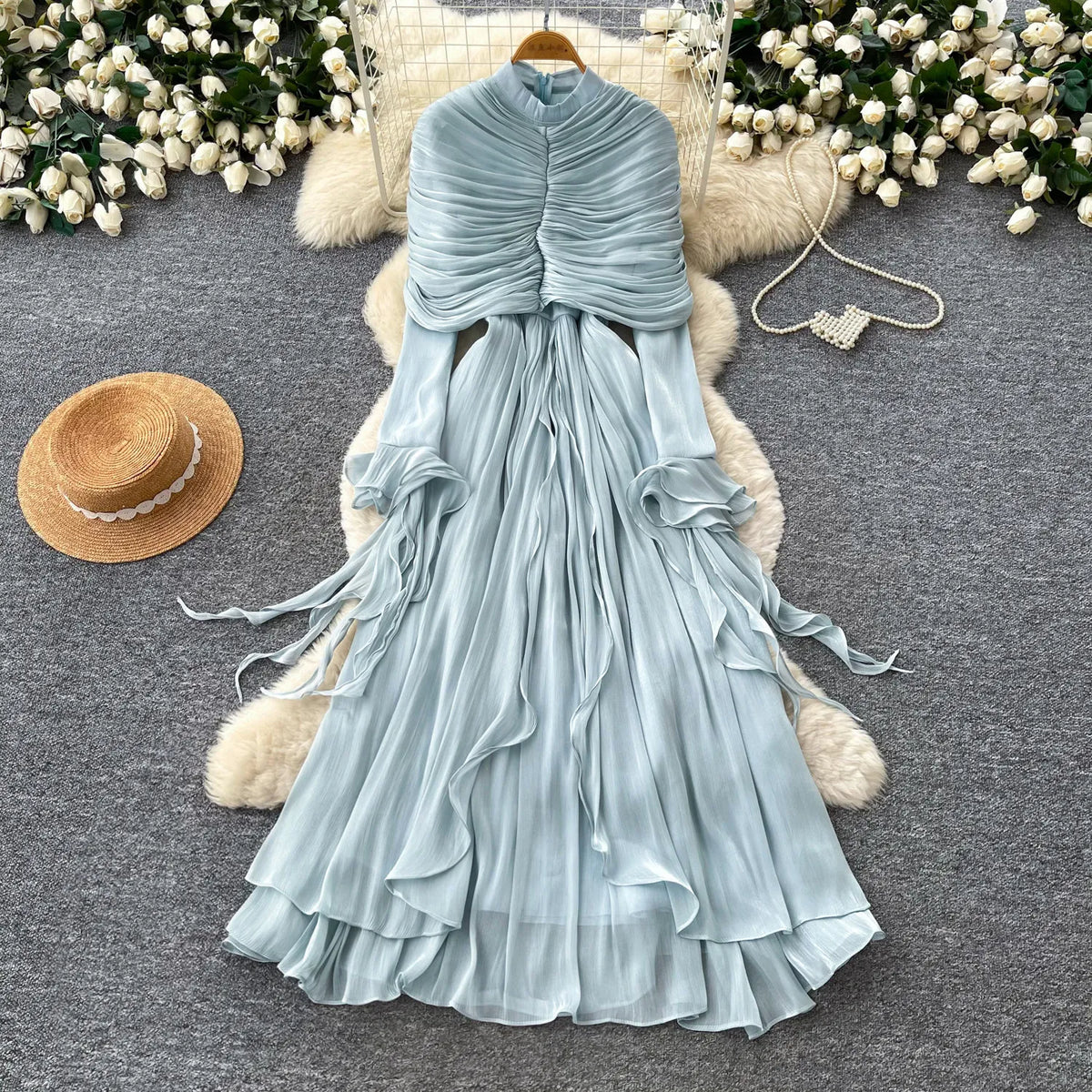 Ribbon Puff Sleeve Cape Maxi Dress