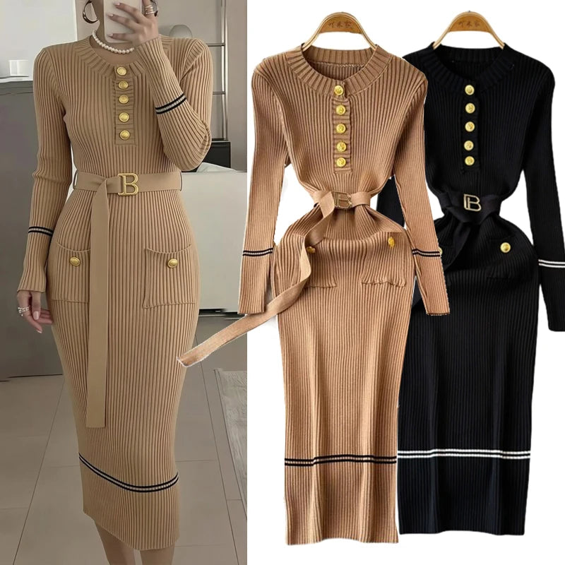 Belted Knit Bodycon Maxi Sweater Dress