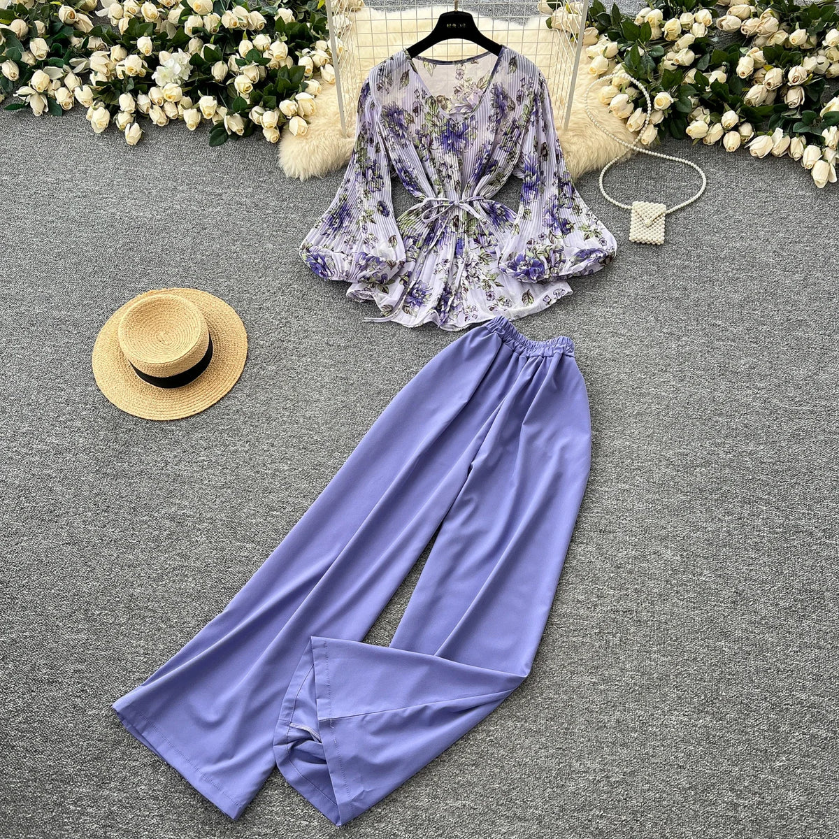 Print Lantern Sleeve Top and Wide Leg Pants