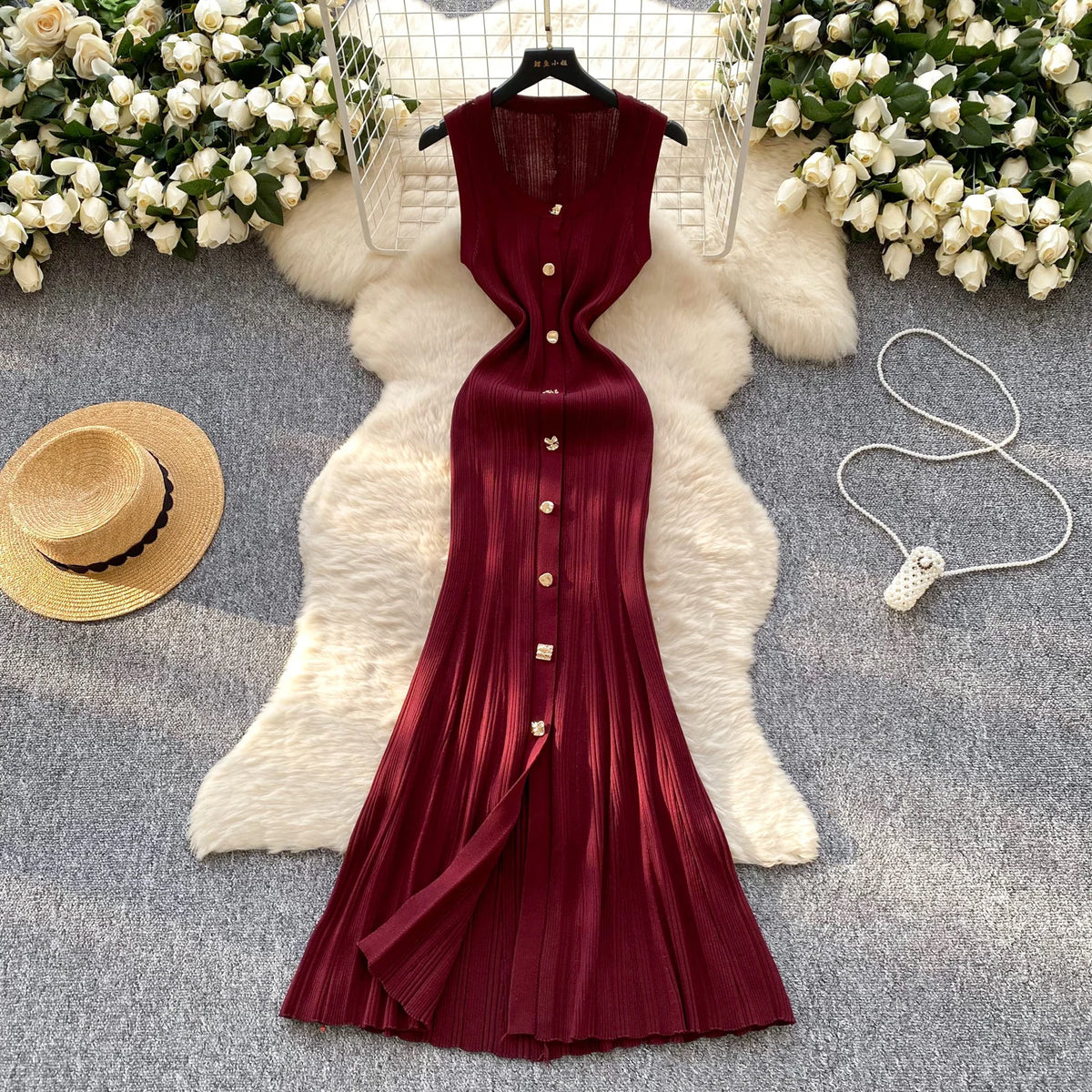 Sleeveless Button Wrap Bodycon Maxi Dress