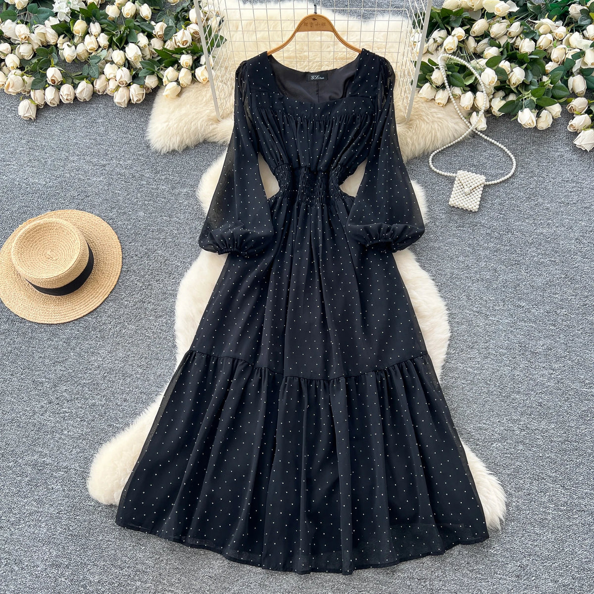 Rhinestone Square Neck A-Line Dress