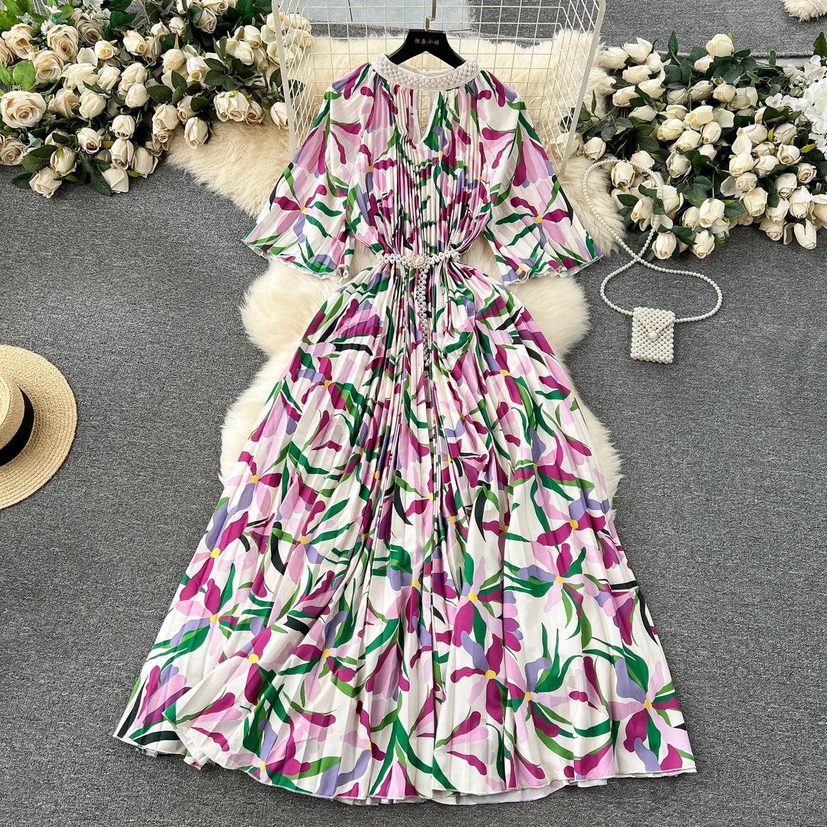 Beaded Print Pleated A-Line Dress
