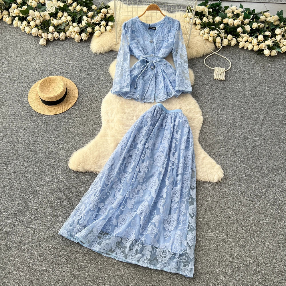 Embroidered Mesh Two Piece Dress Set