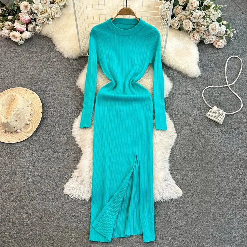 Ribbed High Slit Knit Maxi Dress